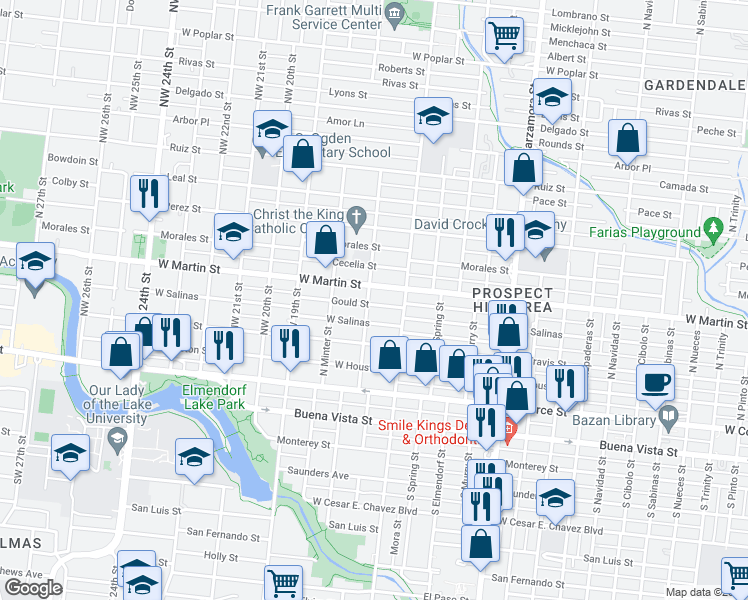 map of restaurants, bars, coffee shops, grocery stores, and more near 3323 West Salinas in San Antonio