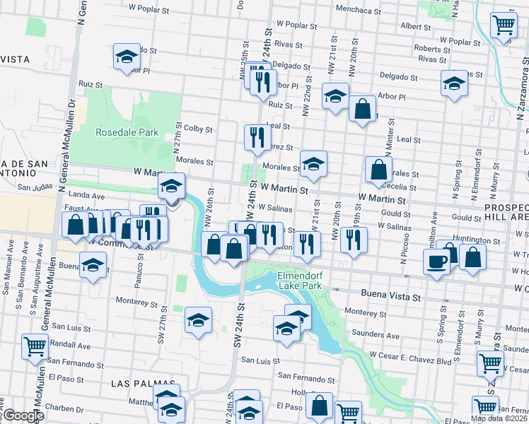 map of restaurants, bars, coffee shops, grocery stores, and more near 3903 West Travis Street in San Antonio