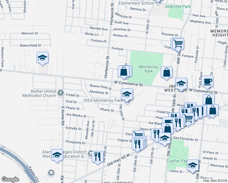 map of restaurants, bars, coffee shops, grocery stores, and more near 6315 Monterey Street in San Antonio