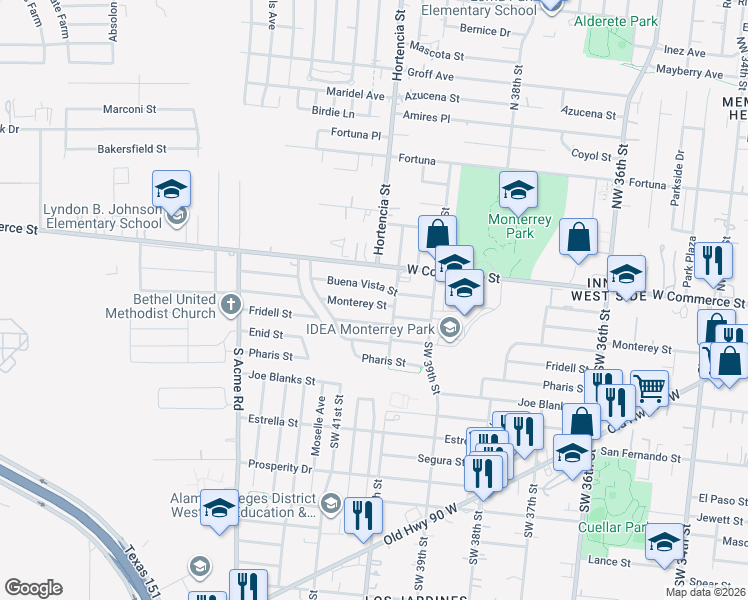 map of restaurants, bars, coffee shops, grocery stores, and more near 4711 Fridell Street in San Antonio