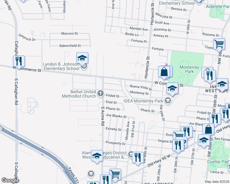 map of restaurants, bars, coffee shops, grocery stores, and more near 5006 Fridell Street in San Antonio