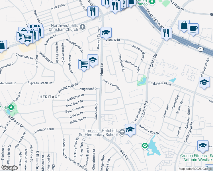 map of restaurants, bars, coffee shops, grocery stores, and more near 433 Centroloma Street in San Antonio