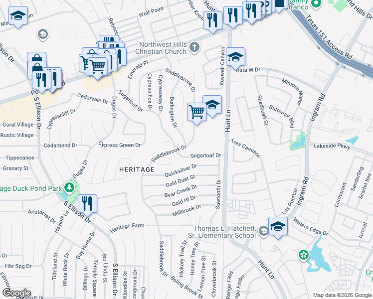 map of restaurants, bars, coffee shops, grocery stores, and more near 9622 Sugarloaf Drive in San Antonio