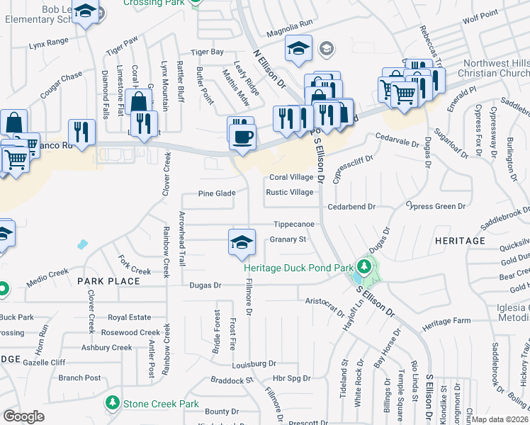 map of restaurants, bars, coffee shops, grocery stores, and more near 10351 Tippecanoe in San Antonio
