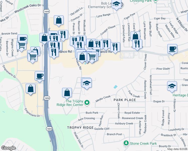 map of restaurants, bars, coffee shops, grocery stores, and more near 115 Gazelle Hunt in San Antonio