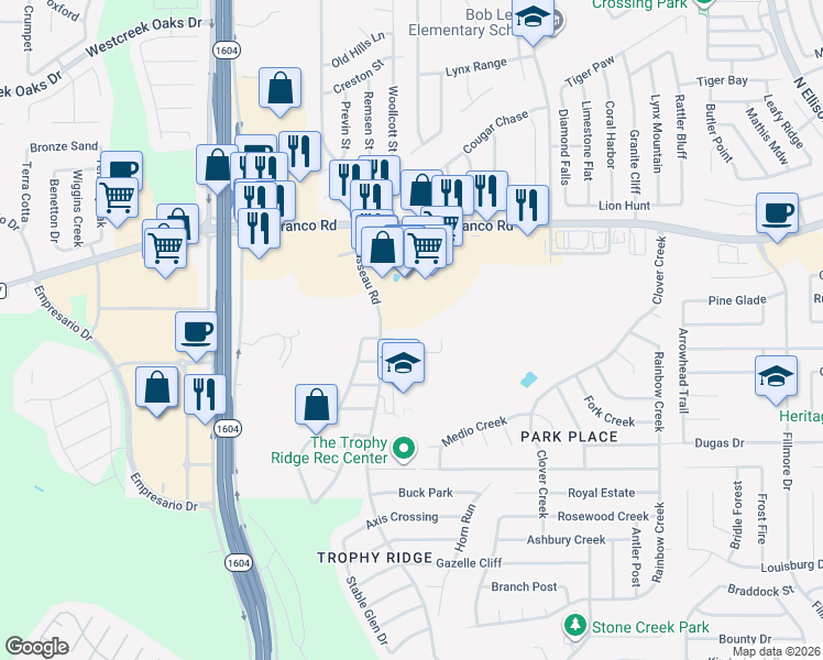 map of restaurants, bars, coffee shops, grocery stores, and more near 10757 Impala Springs in San Antonio