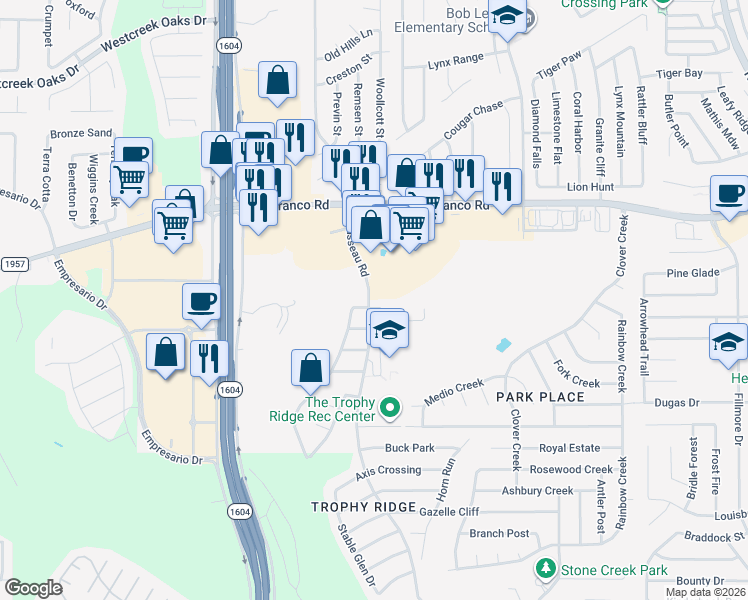 map of restaurants, bars, coffee shops, grocery stores, and more near 10757 Impala Springs in San Antonio