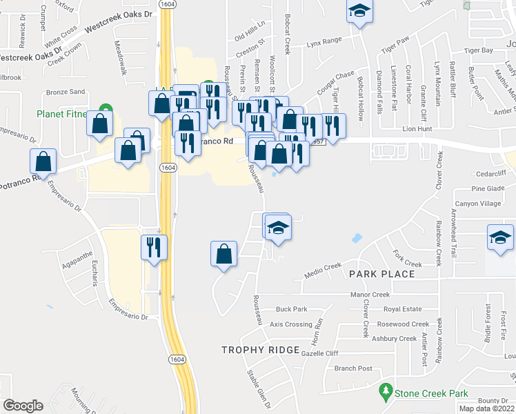 map of restaurants, bars, coffee shops, grocery stores, and more near 231 Willow Grove Drive in San Antonio
