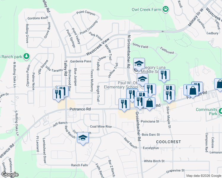 map of restaurants, bars, coffee shops, grocery stores, and more near 12510 Dry Run in San Antonio