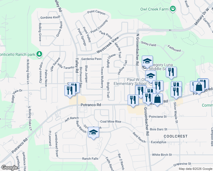 map of restaurants, bars, coffee shops, grocery stores, and more near 203 Bright Trail in San Antonio