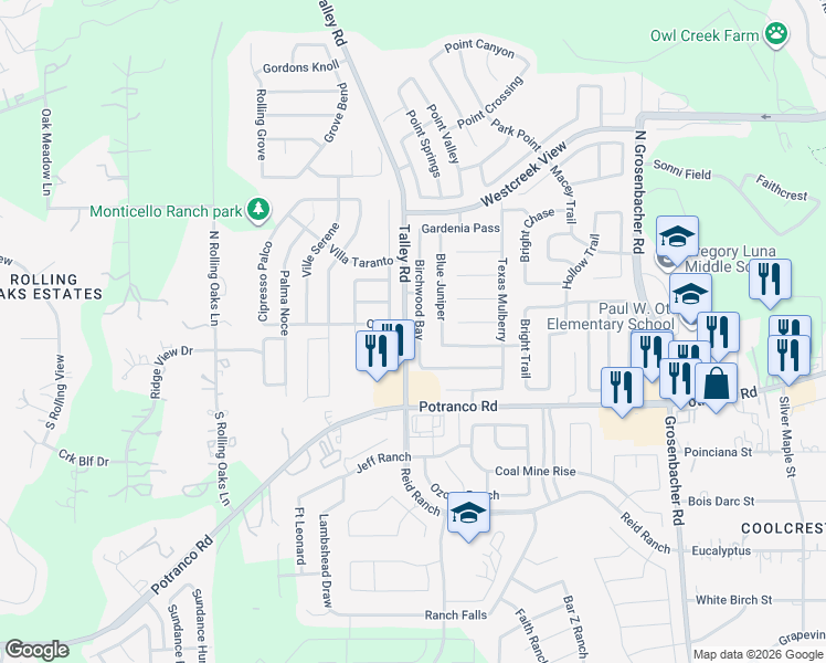 map of restaurants, bars, coffee shops, grocery stores, and more near 127 Birchwood Bay in San Antonio