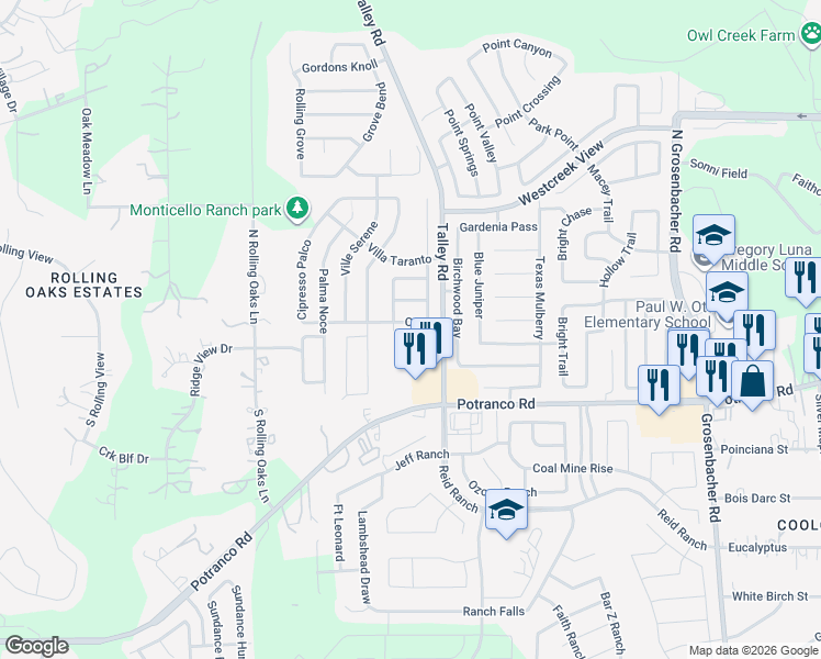 map of restaurants, bars, coffee shops, grocery stores, and more near 12826 Capri in San Antonio