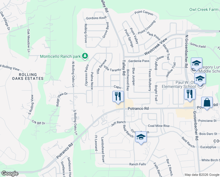 map of restaurants, bars, coffee shops, grocery stores, and more near 12826 Capri in San Antonio