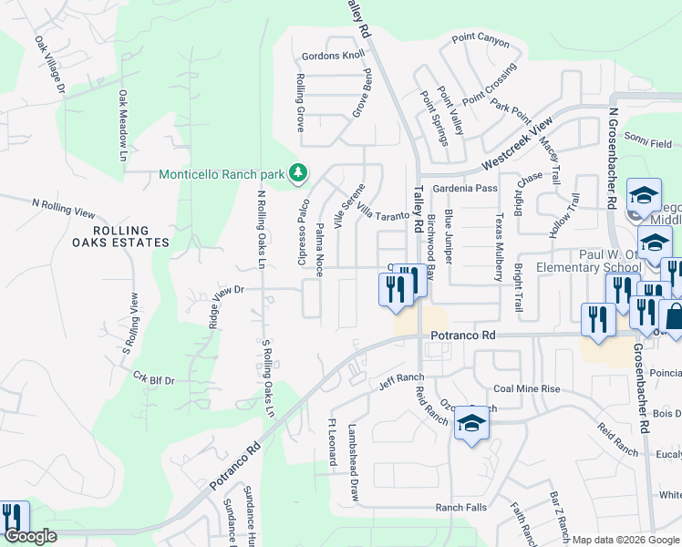 map of restaurants, bars, coffee shops, grocery stores, and more near 159 Palazzo Torre in San Antonio