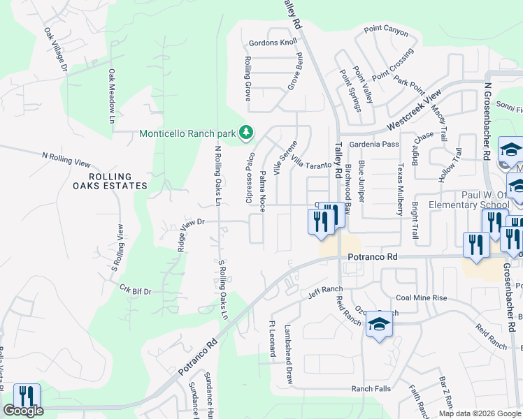 map of restaurants, bars, coffee shops, grocery stores, and more near 166 Palma Noce in San Antonio