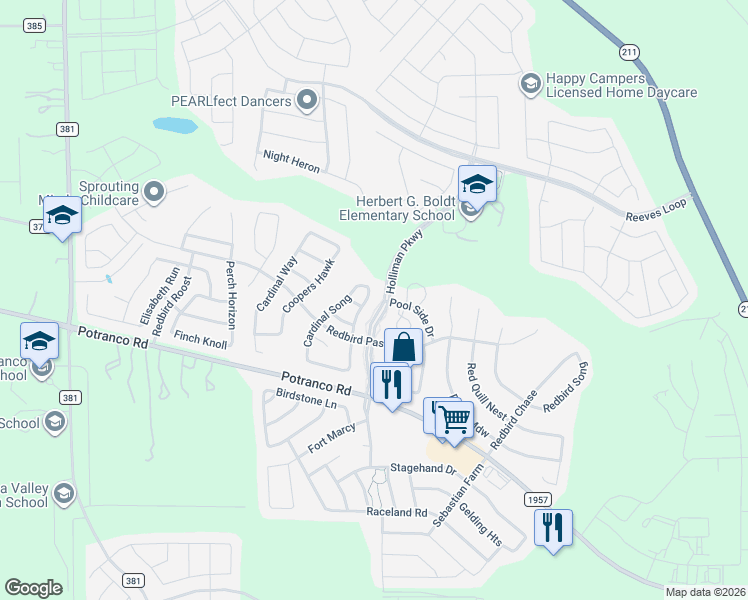 map of restaurants, bars, coffee shops, grocery stores, and more near 207 Red Bird Circle in San Antonio