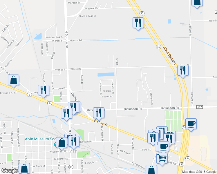 map of restaurants, bars, coffee shops, grocery stores, and more near 704 Elizabeth Street in Alvin
