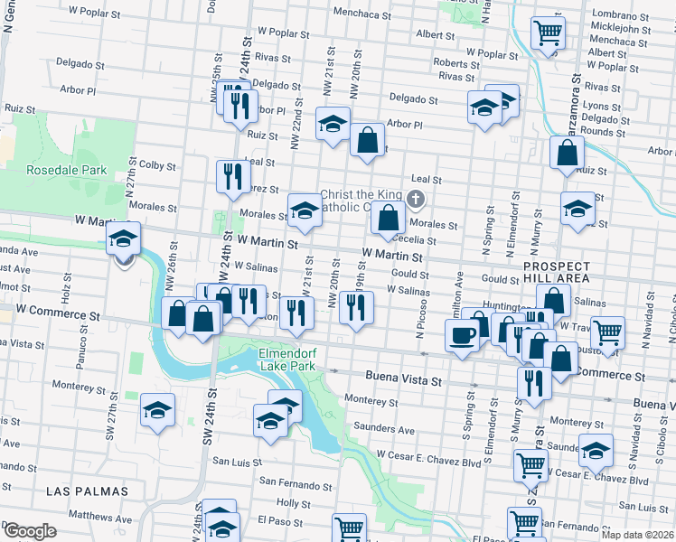 map of restaurants, bars, coffee shops, grocery stores, and more near 3614 West Salinas Street in San Antonio