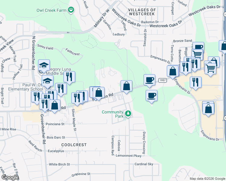 map of restaurants, bars, coffee shops, grocery stores, and more near 11877 Farm to Market Road 1957 in San Antonio