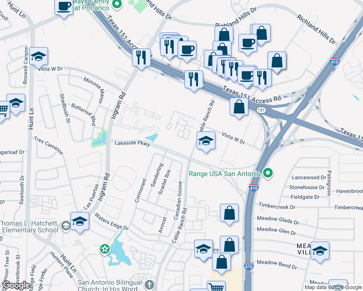 map of restaurants, bars, coffee shops, grocery stores, and more near 8627 Lakeside Parkway in San Antonio