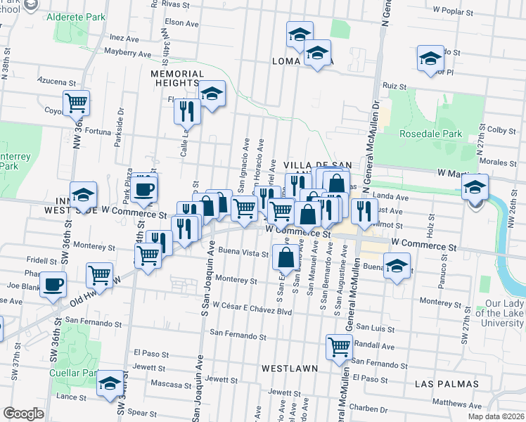 map of restaurants, bars, coffee shops, grocery stores, and more near 5035 West Commerce Street in San Antonio