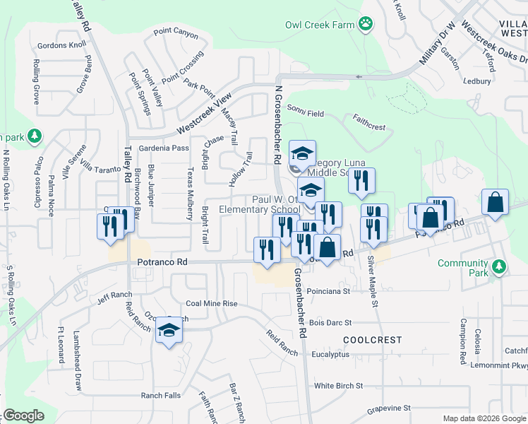 map of restaurants, bars, coffee shops, grocery stores, and more near 126 Quince Flower in San Antonio