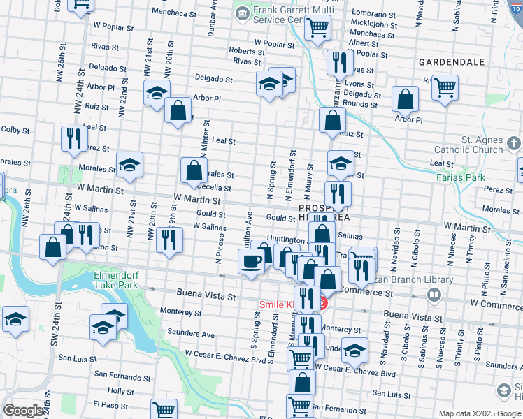 map of restaurants, bars, coffee shops, grocery stores, and more near 3414 West Martin Street in San Antonio