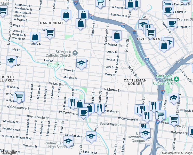 map of restaurants, bars, coffee shops, grocery stores, and more near 819 Perez Street in San Antonio
