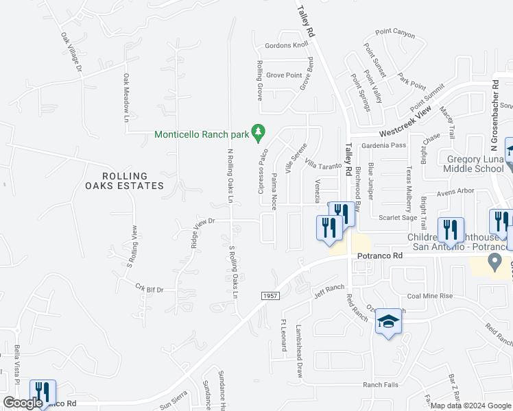 map of restaurants, bars, coffee shops, grocery stores, and more near 13271 Cipresso Palco in San Antonio