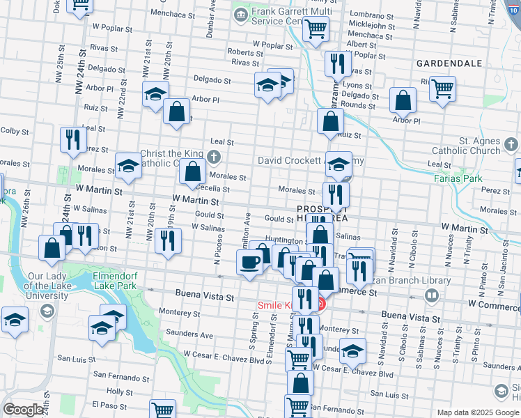 map of restaurants, bars, coffee shops, grocery stores, and more near 3413 West Martin Street in San Antonio