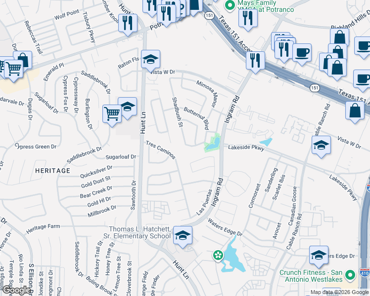 map of restaurants, bars, coffee shops, grocery stores, and more near 427 Shadbush Street in San Antonio