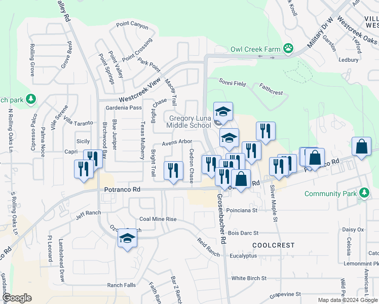 map of restaurants, bars, coffee shops, grocery stores, and more near 102 Mallow Grove in San Antonio