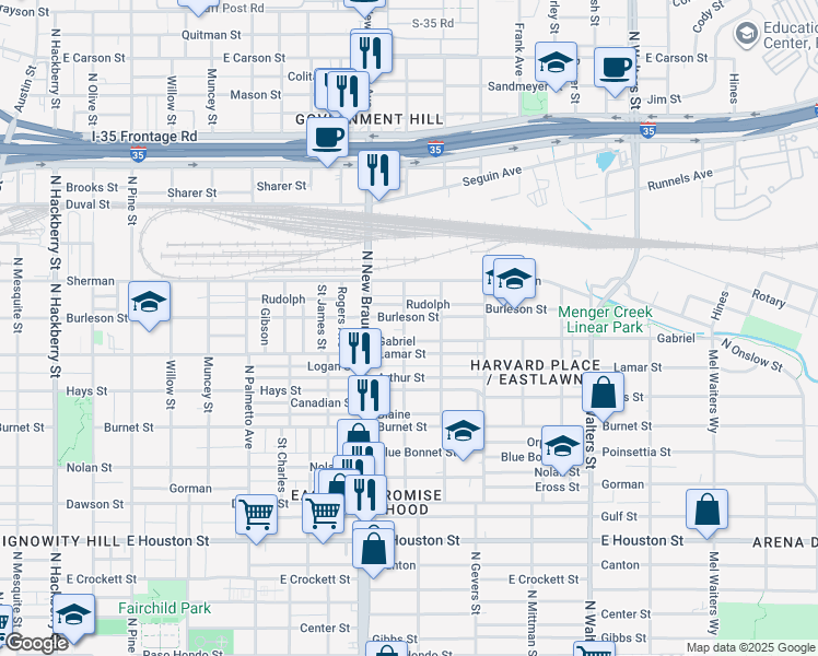 map of restaurants, bars, coffee shops, grocery stores, and more near 1331 Burleson in San Antonio