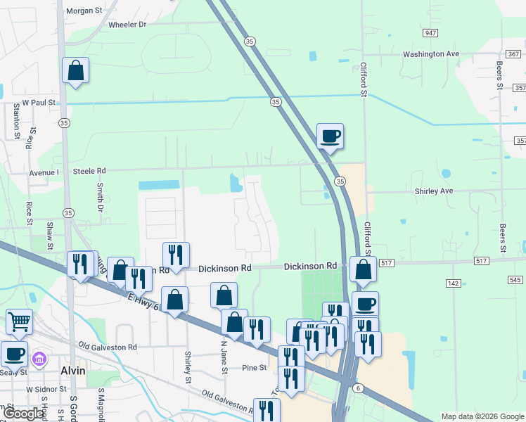 map of restaurants, bars, coffee shops, grocery stores, and more near 1301 Dickinson Road in Alvin