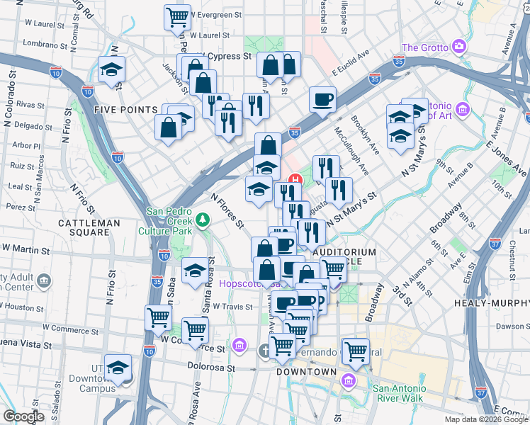 map of restaurants, bars, coffee shops, grocery stores, and more near 637 North Main Avenue in San Antonio