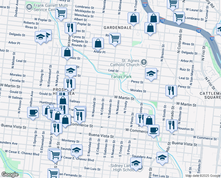 map of restaurants, bars, coffee shops, grocery stores, and more near 1505 Amestoy Street in San Antonio