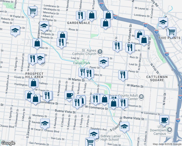 map of restaurants, bars, coffee shops, grocery stores, and more near 614 North Trinity in San Antonio