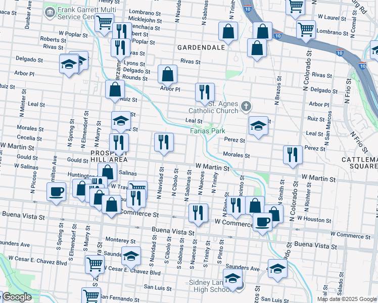 map of restaurants, bars, coffee shops, grocery stores, and more near 1505 Amestoy Street in San Antonio