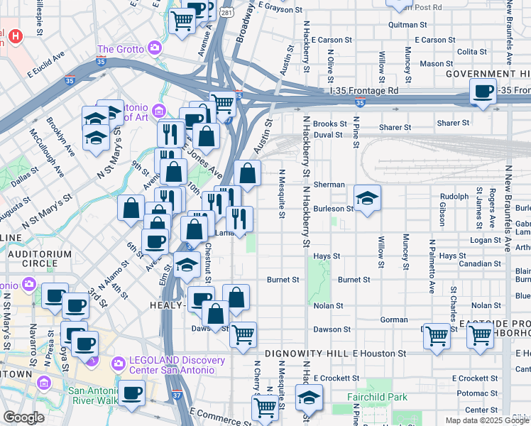 map of restaurants, bars, coffee shops, grocery stores, and more near 312 Burleson Street in San Antonio