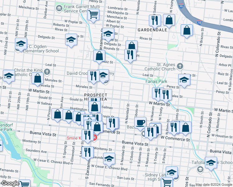 map of restaurants, bars, coffee shops, grocery stores, and more near 607 North Chupaderas Street in San Antonio