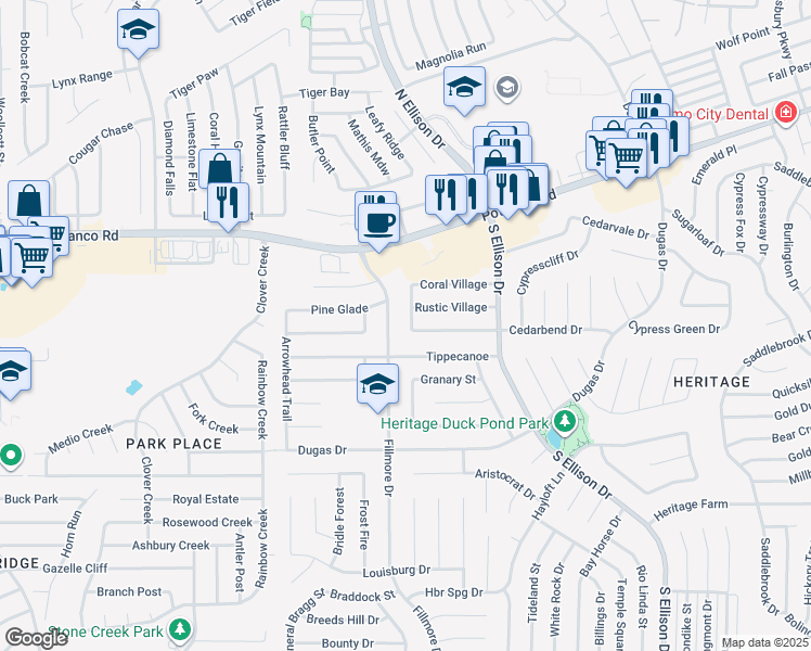 map of restaurants, bars, coffee shops, grocery stores, and more near 10374 Rustic Village in San Antonio