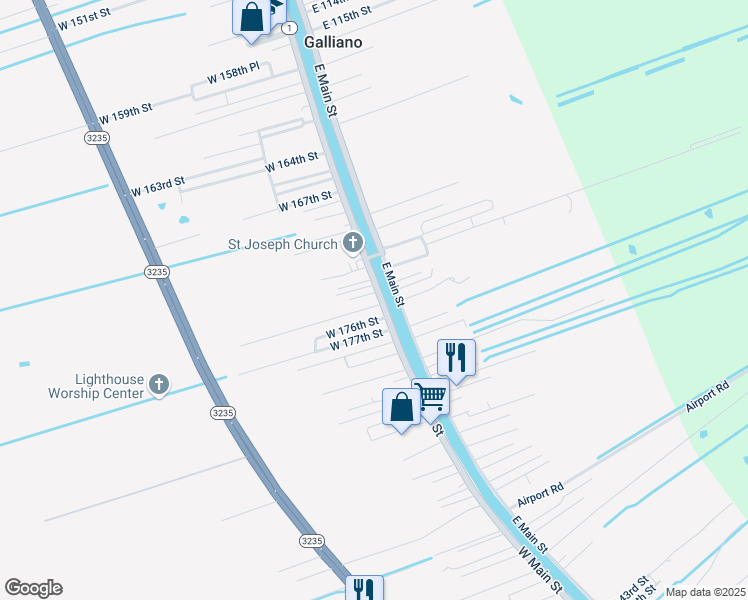 map of restaurants, bars, coffee shops, grocery stores, and more near East Main Street in Galliano