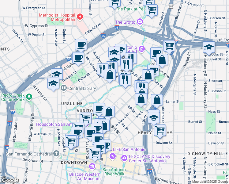 map of restaurants, bars, coffee shops, grocery stores, and more near 500 McCullough Avenue in San Antonio
