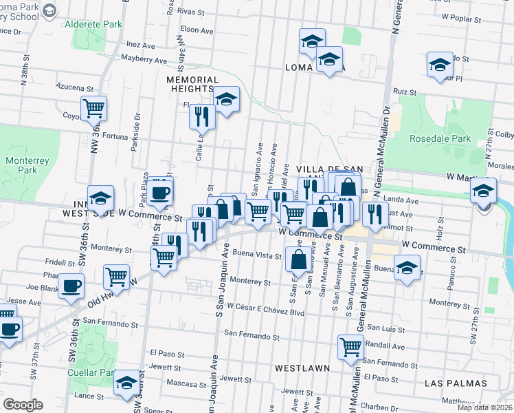 map of restaurants, bars, coffee shops, grocery stores, and more near 144 North San Horacio Avenue in San Antonio