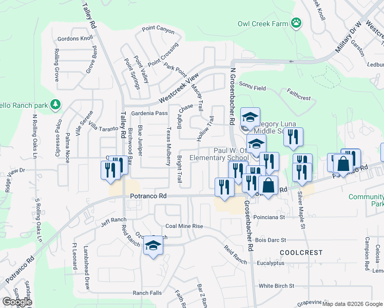 map of restaurants, bars, coffee shops, grocery stores, and more near 12707 Avens Arbor in San Antonio