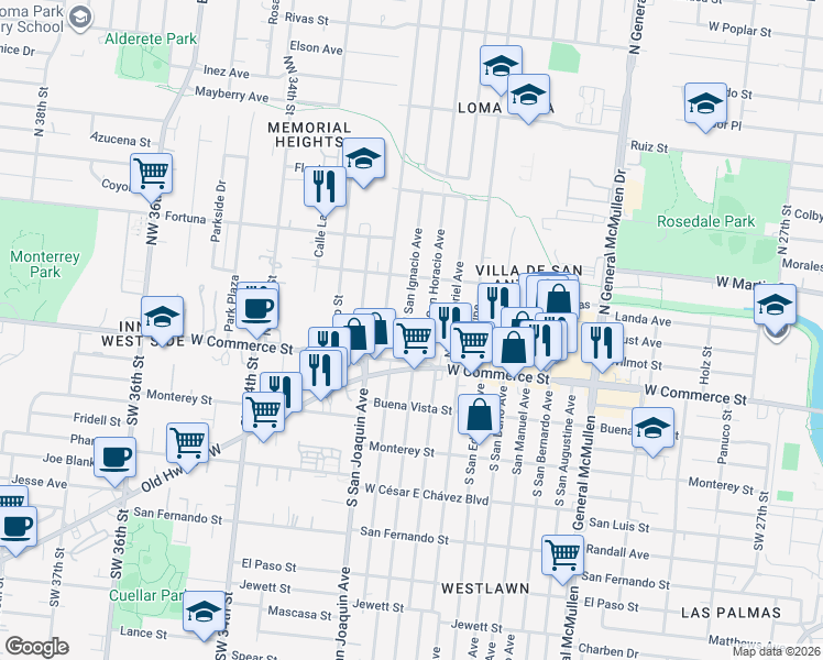 map of restaurants, bars, coffee shops, grocery stores, and more near 144 North San Horacio Avenue in San Antonio