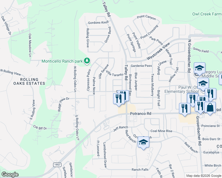 map of restaurants, bars, coffee shops, grocery stores, and more near 12826 Sicily in San Antonio