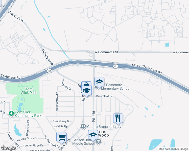map of restaurants, bars, coffee shops, grocery stores, and more near 400 Pinn Road in San Antonio