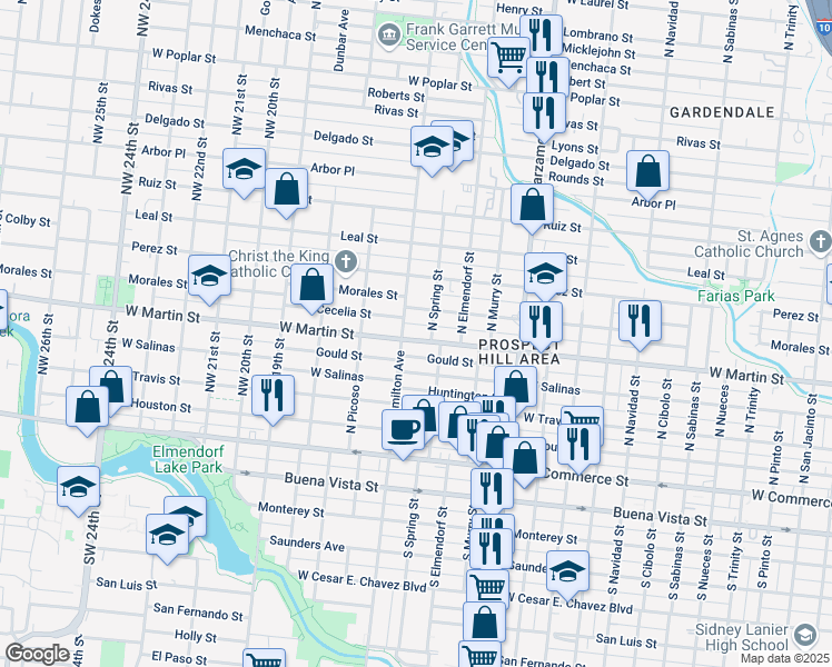 map of restaurants, bars, coffee shops, grocery stores, and more near 3413 West Martin Street in San Antonio