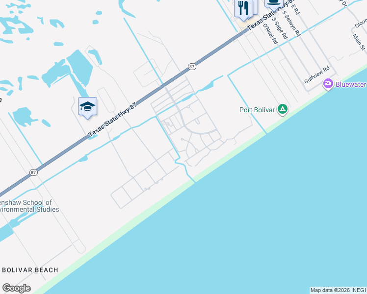 map of restaurants, bars, coffee shops, grocery stores, and more near 829 Clyde Court in Bolivar Peninsula